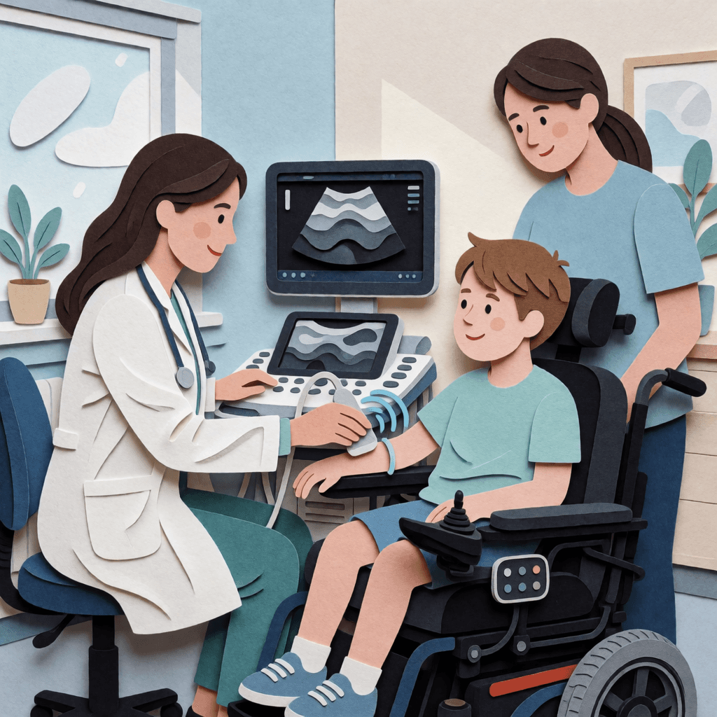 Paper-cut style illustration of a pediatric neurologist performing a muscle ultrasound examination on a child with spinal muscular atrophy (SMA) using a powered wheelchair, while a parent looks on.
