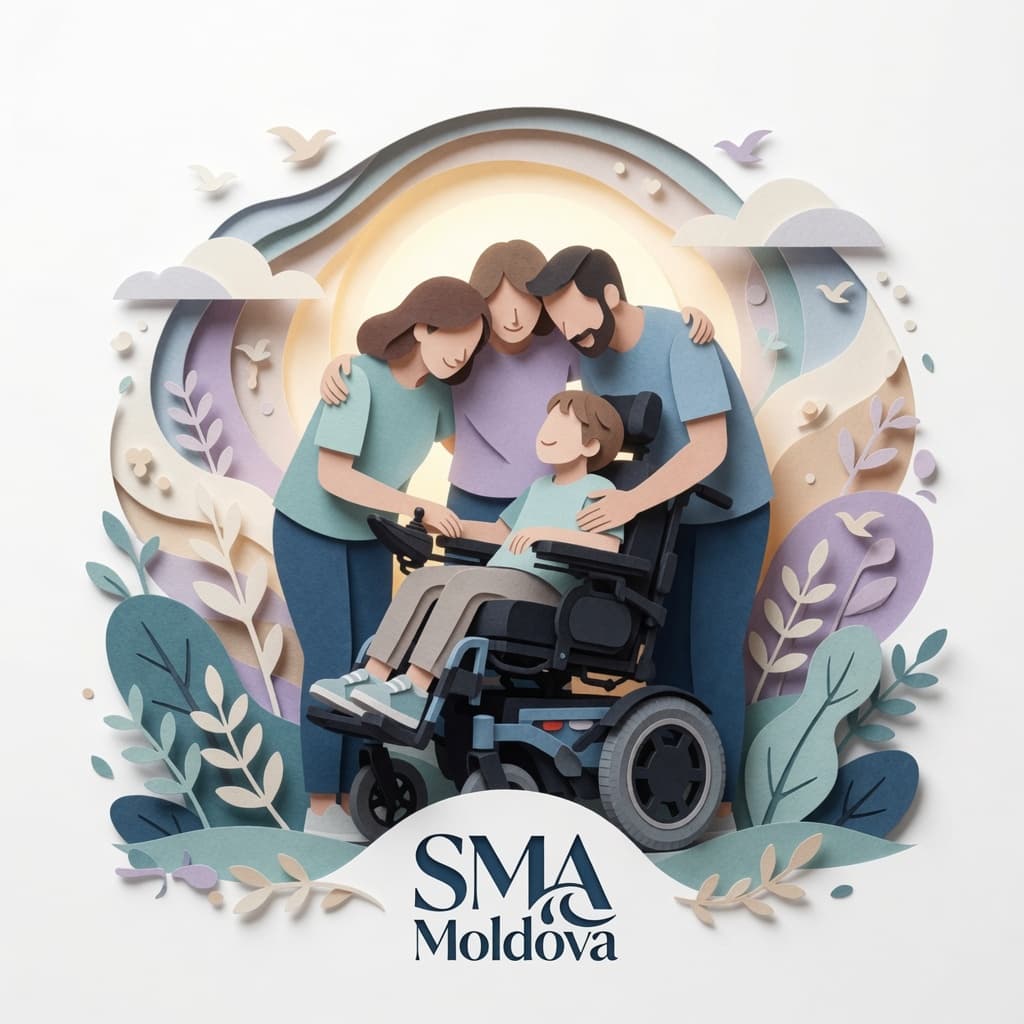 Paper-cut style illustration of a child using a powered wheelchair embraced by both parents, symbolizing family support, hope, inclusion, and the SMA Moldova community.