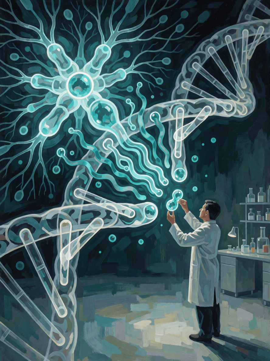Conceptual illustration of a scientist developing an RNA therapy for spinal muscular atrophy, with DNA and molecular structures representing precision genetic medicine.