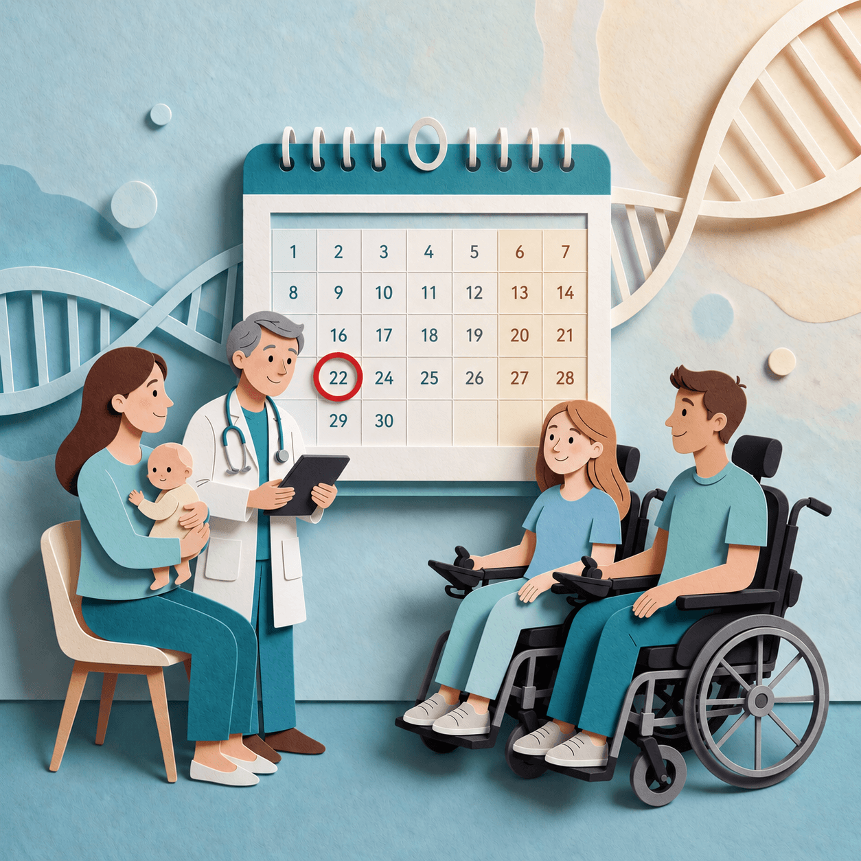 Ilustrație în stil paper-cut: un medic neurolog cu o tabletă discută cu o mamă care ține în brațe un bebeluș, cu o adolescentă și un tânăr în scaune rulante. În spate — un calendar cu ziua de 22 încercuită cu roșu, simbol al tratamentului administrat o dată pe an, și o spirală ADN.